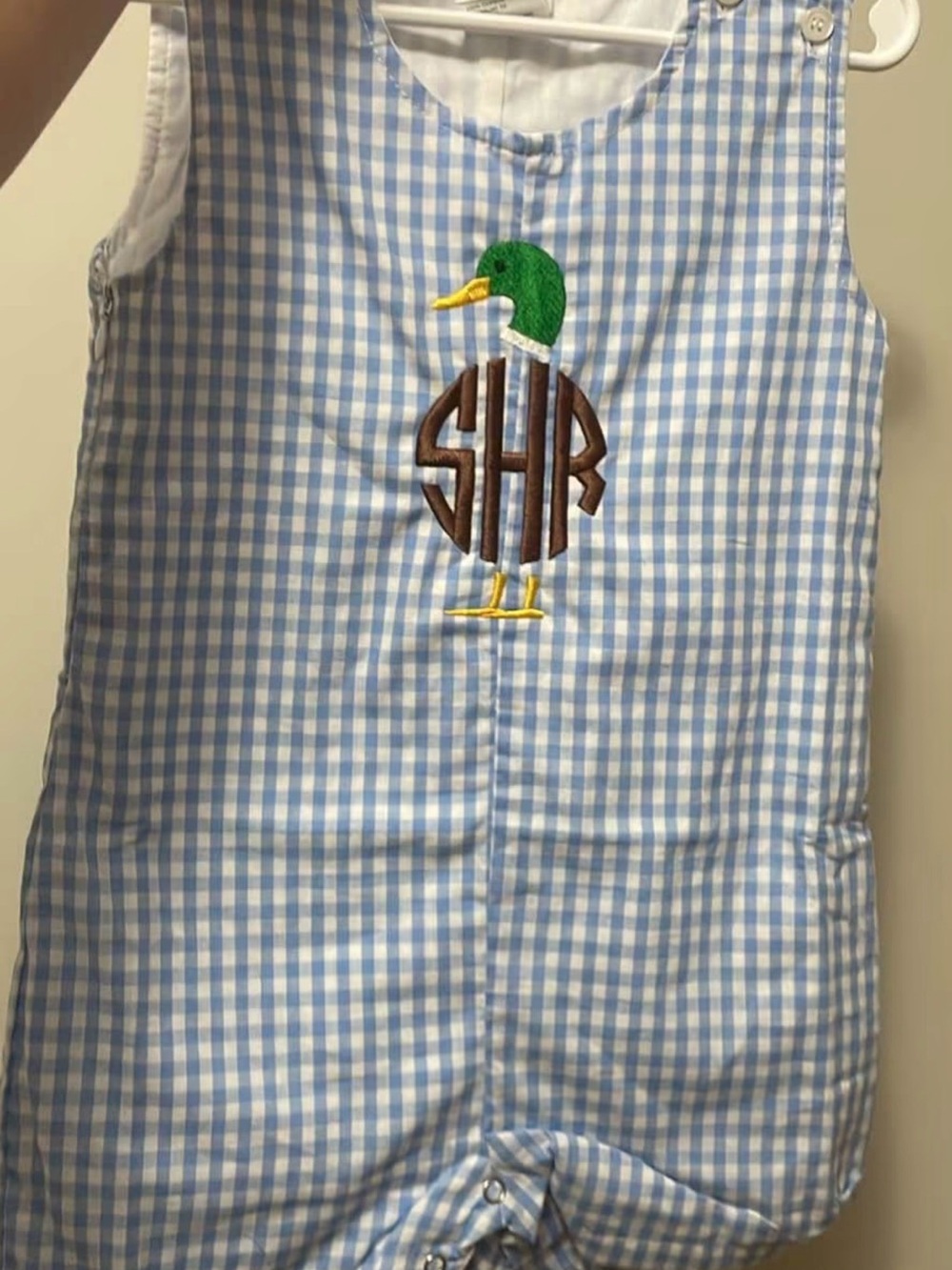 sHr monogram Blue Gingham Infant Romper with Embroidered Mallard